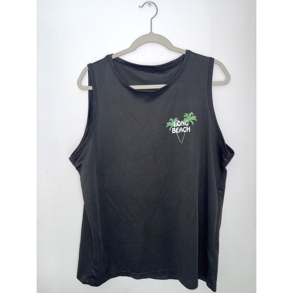 Long Beach Palm Tree Graphic Tank Top Mens XL Black Mesh Sleeveless Gym Shirt